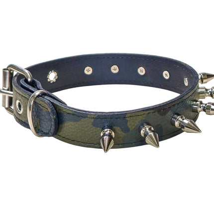 CK105L-CAMO  GENUINE LEATHER CAMOUFLAGE 1" SPIKE CHOKER