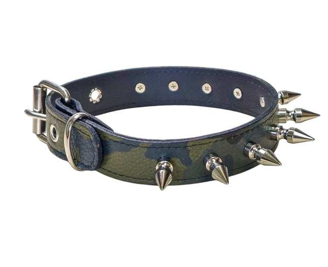 CK105L-CAMO  GENUINE LEATHER CAMOUFLAGE 1" SPIKE CHOKER