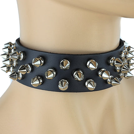 CK106 1 1/8" BLACK LEATHER CHOKER WITH 3 ROW 1/2" SPIKES