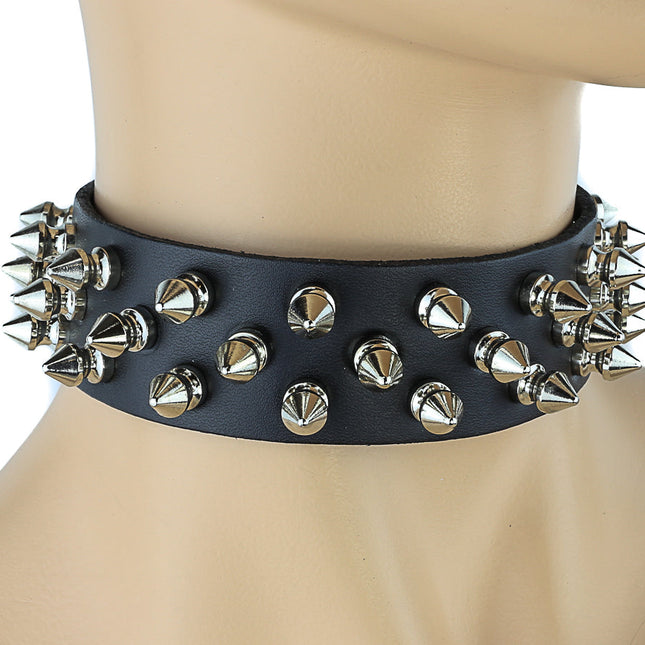 CK106 1 1/8" BLACK LEATHER CHOKER WITH 3 ROW 1/2" SPIKES