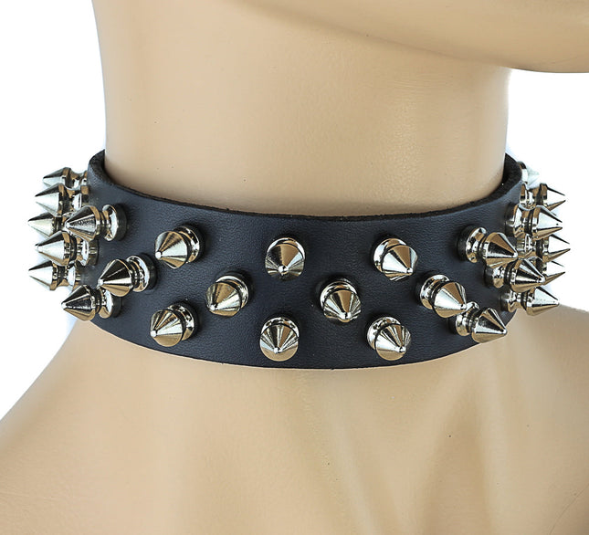 CK106 1 1/8" BLACK LEATHER CHOKER WITH 3 ROW 1/2" SPIKES