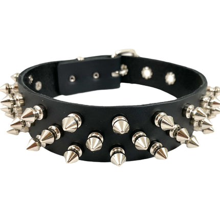 CK106 1 1/8" BLACK LEATHER CHOKER WITH 3 ROW 1/2" SPIKES