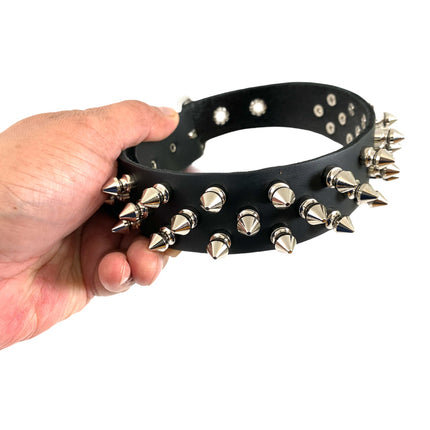 CK106 1 1/8" BLACK LEATHER CHOKER WITH 3 ROW 1/2" SPIKES