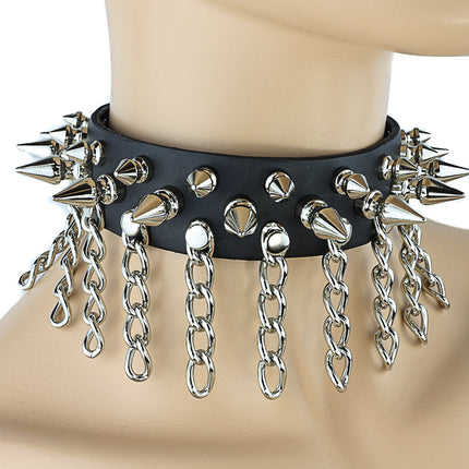 CK108 LEATHER CHOKER WITH 1/2" &amp; 1" SPIKES AND CHAIN