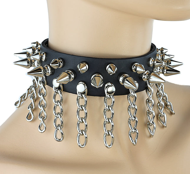 CK108 LEATHER CHOKER WITH 1/2" &amp; 1" SPIKES AND CHAIN
