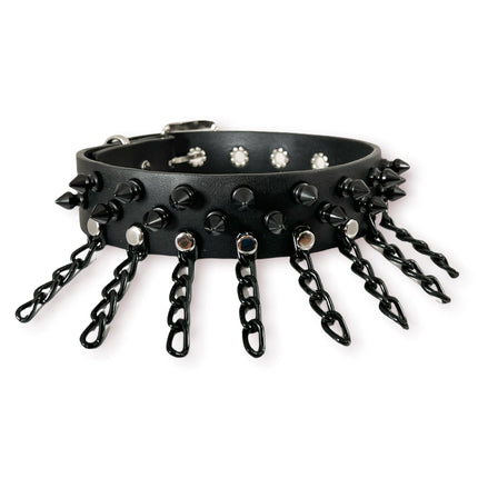 CK108 LEATHER CHOKER WITH 1/2" &amp; 1" SPIKES AND CHAIN