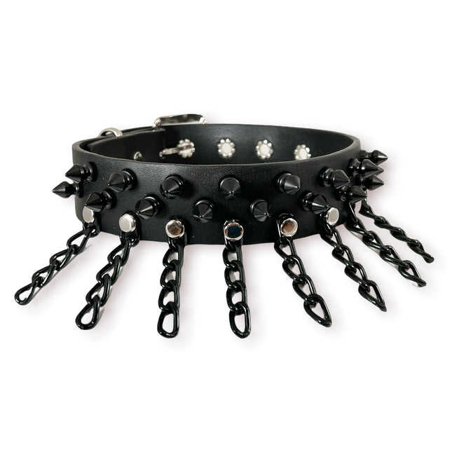 CK108 LEATHER CHOKER WITH 1/2" &amp; 1" SPIKES AND CHAIN