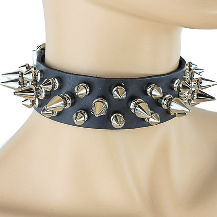 CK109 1/8" BLACK LEATHER CHOKER WITH 1/2" & 1" SPIKES