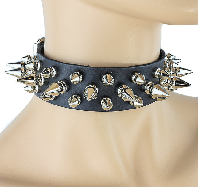 CK109 1/8" BLACK LEATHER CHOKER WITH 1/2" & 1" SPIKES