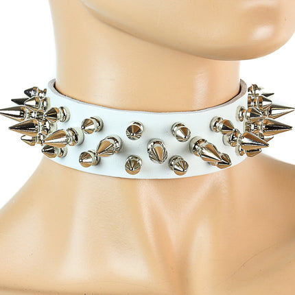 CK109WHT 1 1/8" WHITE LEATHER CHOKER WITH 1/2" 1" SPIKES