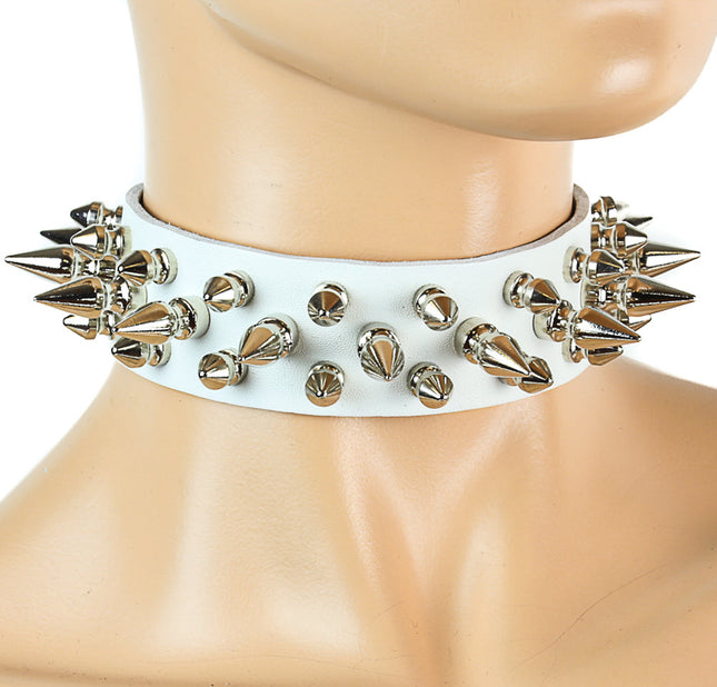 CK109WHT 1 1/8" WHITE LEATHER CHOKER WITH 1/2" 1" SPIKES