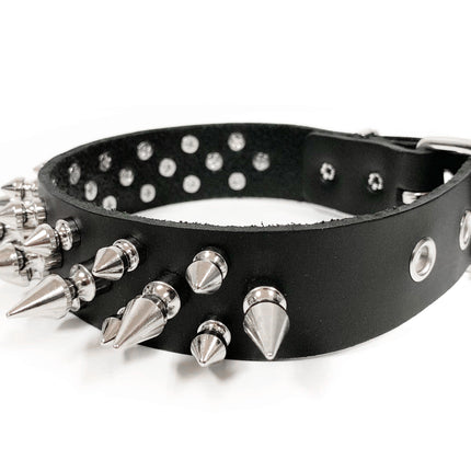 CK109 1/8" BLACK LEATHER CHOKER WITH 1/2" & 1" SPIKES