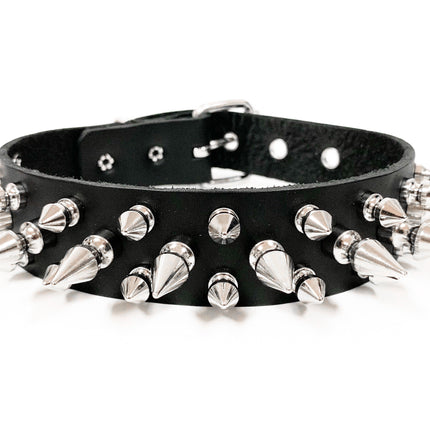 CK109 1/8" BLACK LEATHER CHOKER WITH 1/2" & 1" SPIKES