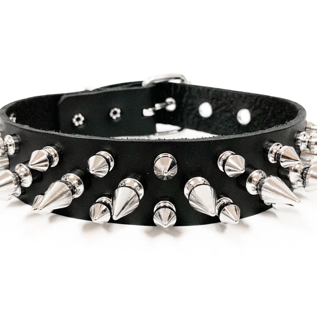 CK109 1/8" BLACK LEATHER CHOKER WITH 1/2" & 1" SPIKES