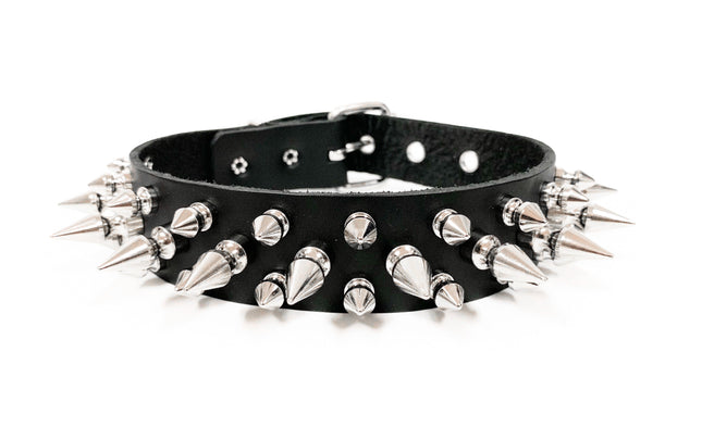 CK109 1/8" BLACK LEATHER CHOKER WITH 1/2" & 1" SPIKES