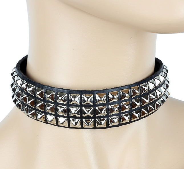 CK111 1 1/8" BLACK LEATHER CHOKER WITH 3 ROWS