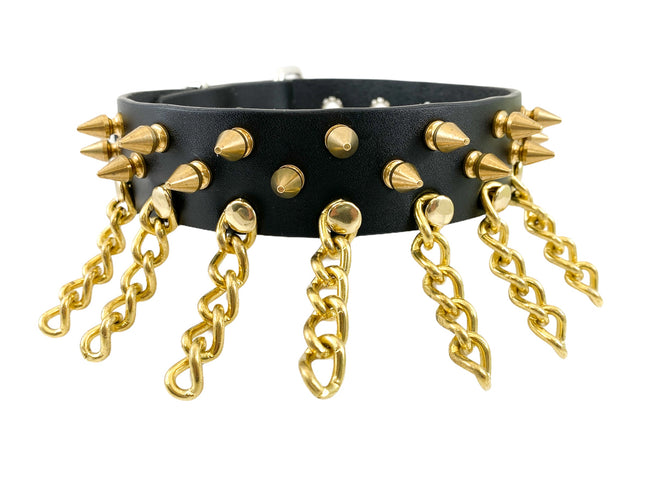 CK117GOLD  LEATHER CHOKER WITH 1/2"1" SPIKES AND CHAIN