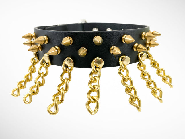 CK117GOLD  LEATHER CHOKER WITH 1/2"1" SPIKES AND CHAIN