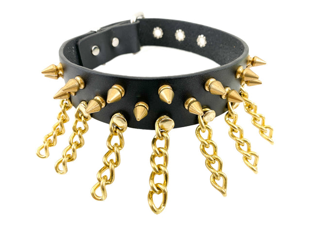 CK117  LEATHER CHOKER WITH 1/2" 1" SPIKES AND CHAIN