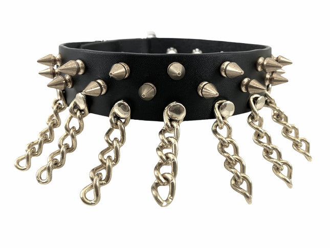 CK117  LEATHER CHOKER WITH 1/2" 1" SPIKES AND CHAIN
