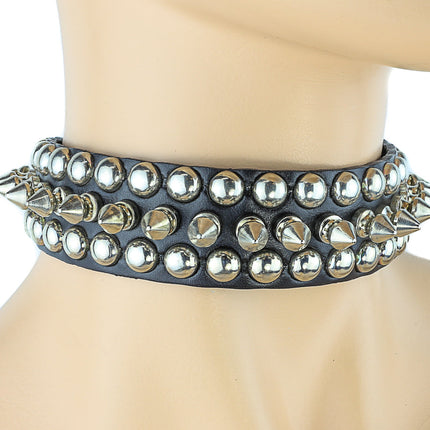 CK119  LEATHER CHOKER WITH 1/2" 1" SPIKES AND CHAIN
