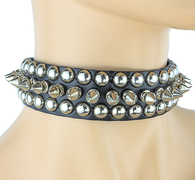 CK119  LEATHER CHOKER WITH 1/2" 1" SPIKES AND CHAIN