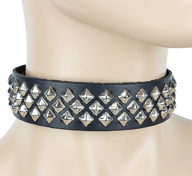 CK122  BLACK LEATHER CHOKER WITH 3 ROW 1/4" DIAMOND STUD
