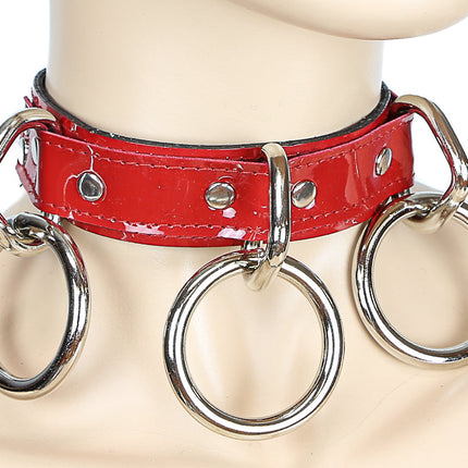 CK124P-BLK  BLACKPATENT  3 LARGE RING BONDAGE CHOKER