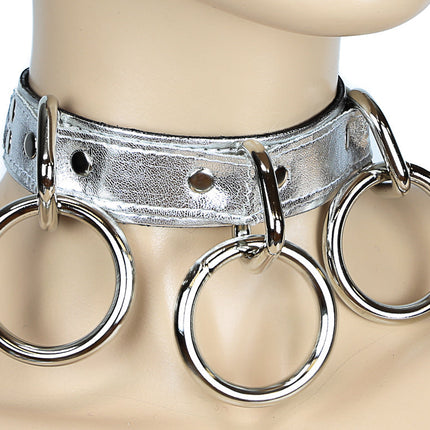 CK124P-BLK  BLACKPATENT  3 LARGE RING BONDAGE CHOKER