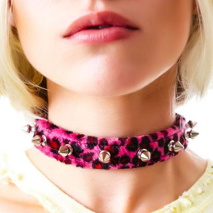 CK134L FUZZY LEOPARD  1/2" SPIKE CHOKER HANDMADE IN USA