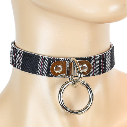 CK129PLAID  PLAID FABRIC O RING BONDAGE CHOKER