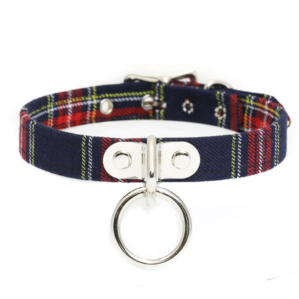 CK129PLAID  PLAID FABRIC O RING BONDAGE CHOKER