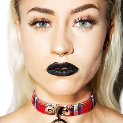 CK129PLAID  PLAID FABRIC O RING BONDAGE CHOKER