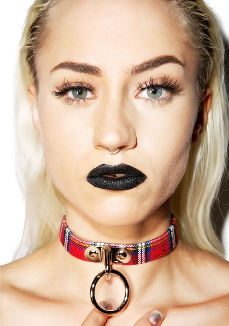 CK129PLAID  PLAID FABRIC O RING BONDAGE CHOKER