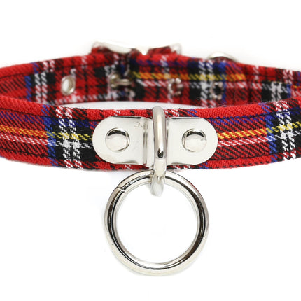 CK129PLAID  PLAID FABRIC O RING BONDAGE CHOKER