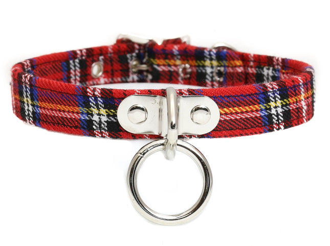 CK129PLAID  PLAID FABRIC O RING BONDAGE CHOKER