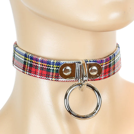 CK129PLAID  PLAID FABRIC O RING BONDAGE CHOKER