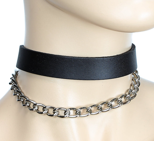 CK130   BLACK LEATHER CHOKER WITH CHAIN