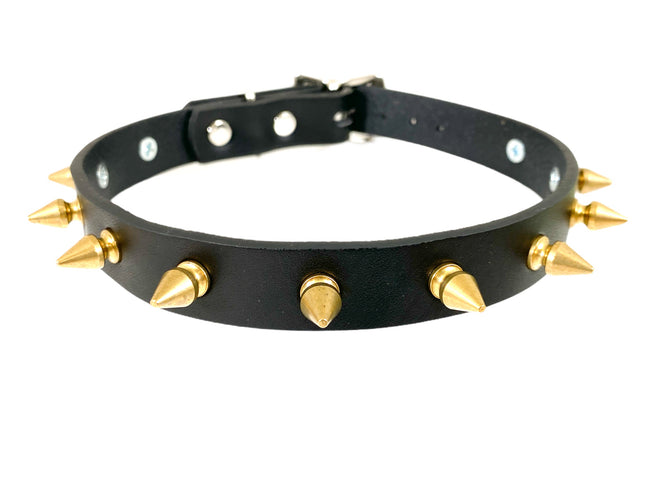 CK134-BRS 13/4 " BLACK LEATHER CHOKER WITH 1/2" SPIKES