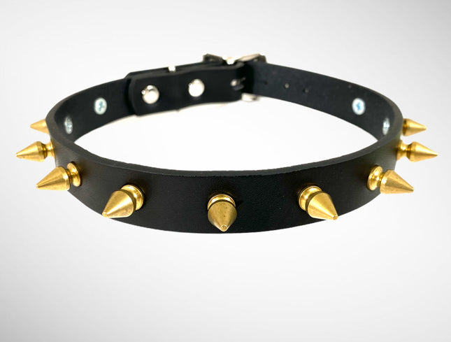 CK134-BRS 13/4 " BLACK LEATHER CHOKER WITH 1/2" SPIKES