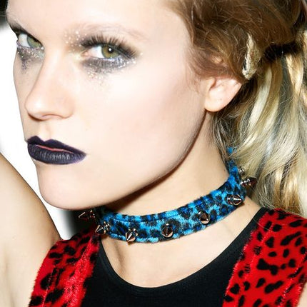 CK134L FUZZY LEOPARD  1/2" SPIKE CHOKER HANDMADE IN USA