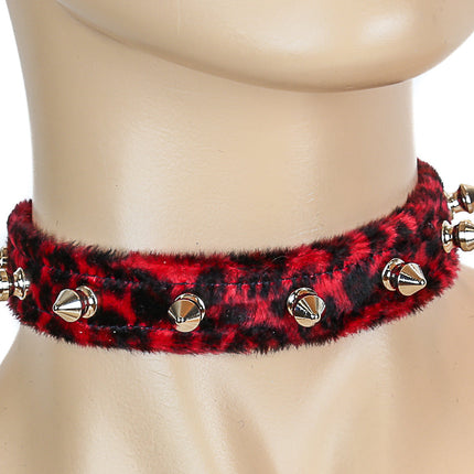 CK134LEOPARD  FUZZY LEOPARD  1/2" SPIKE CHOKER HANDMADE IN USA