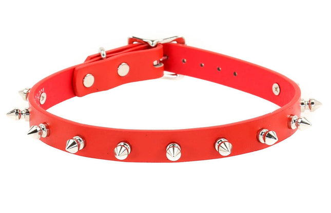 CK134VEGAN-RED 3/4" RED VEGAN LEATHER CHOKER WITH 1/2" SPIKES