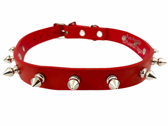 CK134VEGAN-RED 3/4" RED VEGAN LEATHER CHOKER WITH 1/2" SPIKES