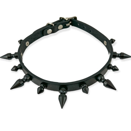 CK136 3/4" BLACK LEATHER CHOKER WITH 1/2" AND 1" SPIKES