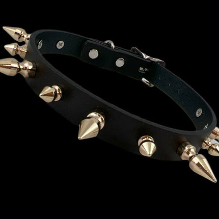 CK136 3/4" BLACK LEATHER CHOKER WITH 1/2" AND 1" SPIKES