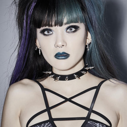 CK136 3/4" BLACK LEATHER CHOKER WITH 1/2" AND 1" SPIKES