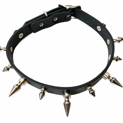 CK136 3/4" BLACK LEATHER CHOKER WITH 1/2" AND 1" SPIKES