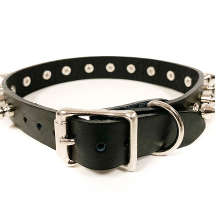 CK136 3/4" BLACK LEATHER CHOKER WITH 1/2" AND 1" SPIKES