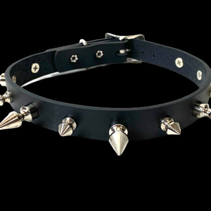 CK136 3/4" BLACK LEATHER CHOKER WITH 1/2" AND 1" SPIKES